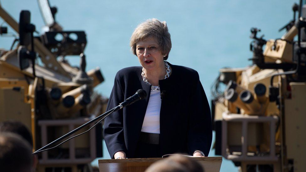 Theresa May aboard HMS Ocean in 2016