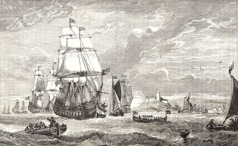 The first fleet of the East India Company leaving Woolwich in 1601, pictured in Cassell's Illustrated Universal History' in 1882