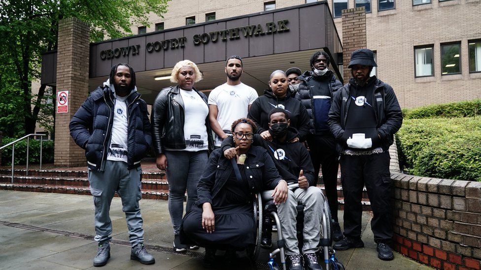 Jordan Walker-Brown with family and friends outside Southwark Crown Court, south London, after the verdict