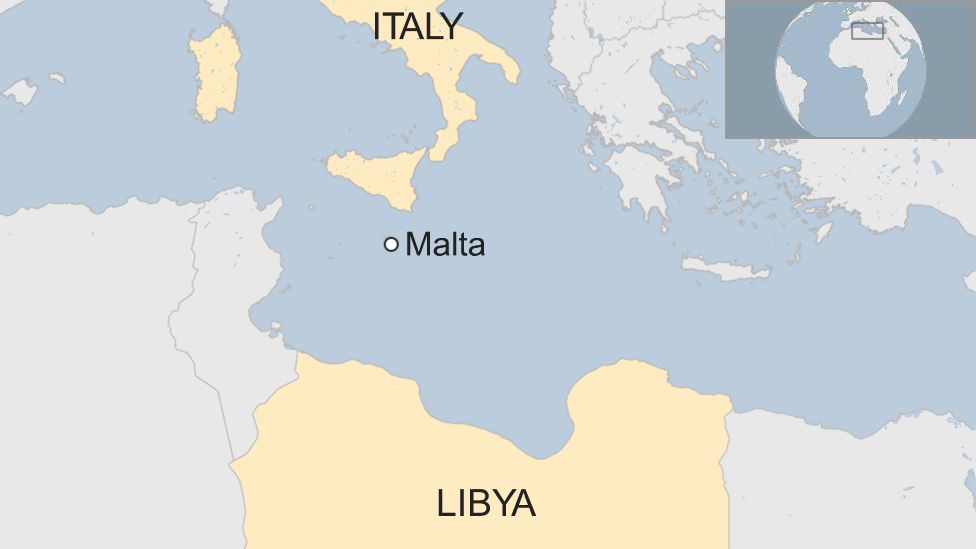Map of the Mediterranean showing Italy, Malta and Libya