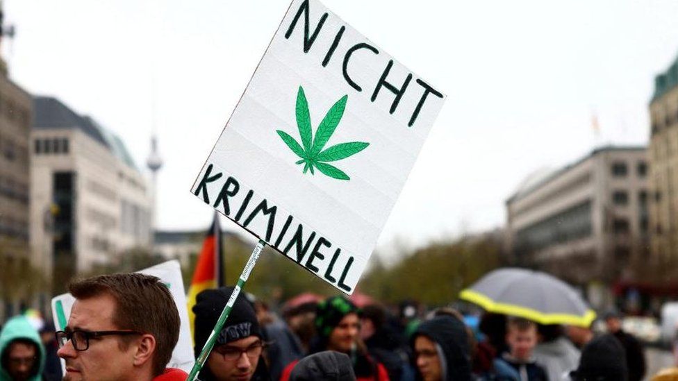 A man carries a sign with a drawing of a cannabis plant and words that say "Not criminal" as he participates in a protest calling for the legalisation of marijuana, in front of the Brandenburg Gate, in Berlin, Germany, 20 April 2022