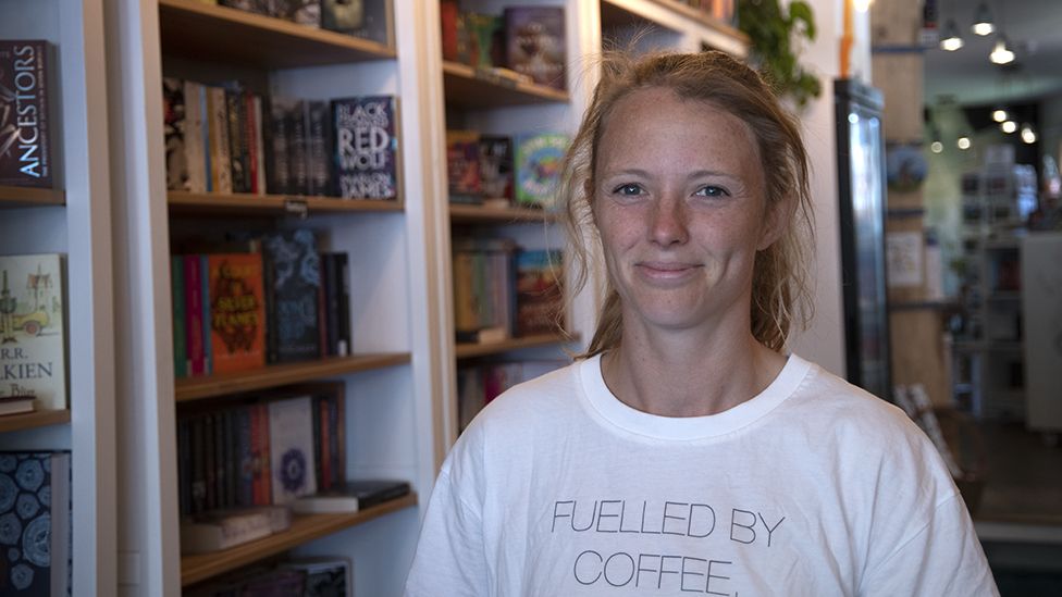 Kayleigh Diggle in her bookshop in Tiverton, Devon