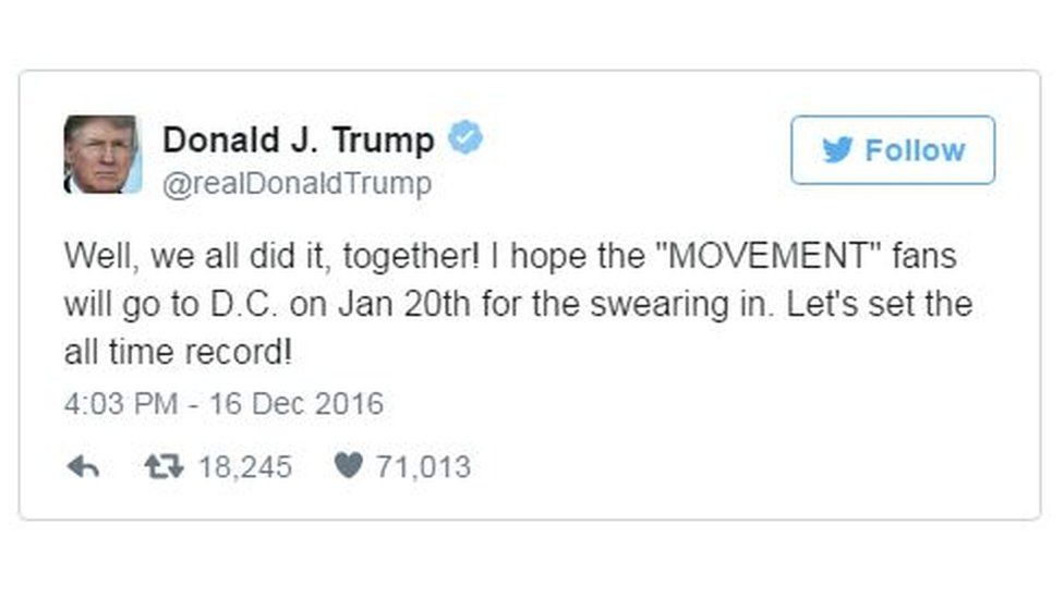 Donald Trump tweet: Well, we all did it, together! I hope the "MOVEMENT" fans will go to D.C. on Jan 20th for the swearing in. Let's set the all time record!