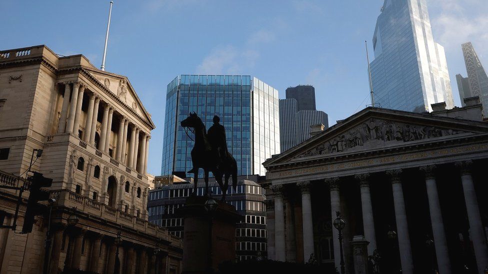 A general view shows The Bank of England and the City of London financial district