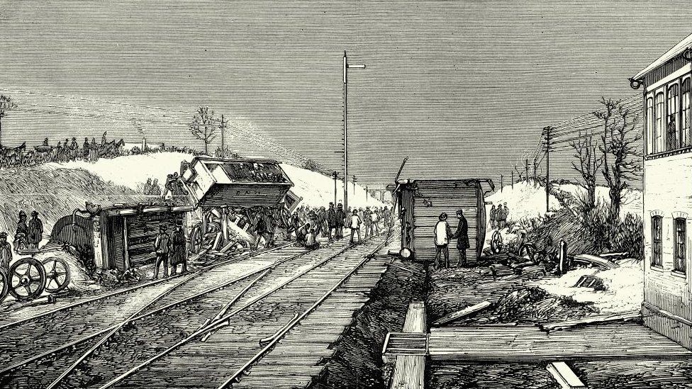 Drawing of railway line and sidings, with coal wagon on top of the rest of its train and groups of people involved in the rescue process