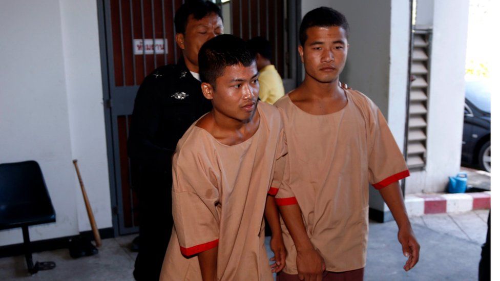 Zaw Lin (right) and Wai Phyo (left) after the court verdict, at the Samui Provincial Court, on Koh Samui, Thailand