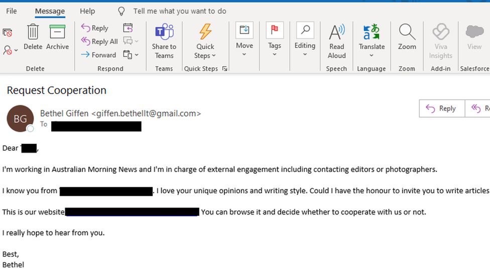 A screengrab of an email from someone who claims to work for a fake website called Australian Morning News. The emails says the writer "loves your unique opinions and writing style" and urges the reader to "browse the website and decide whether to cooperate with us or not".