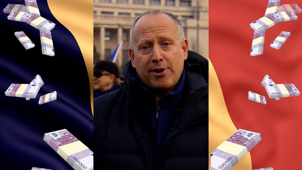 Graphic of Romanian flag, 50 Euro notes, and Steve Rosenberg