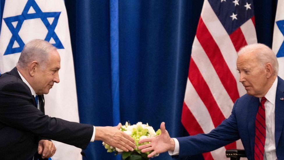 US President Joe Biden shakes hands with Israeli Prime Minister Benjamin Netanyahu as they meet on the sidelines of the 78th United Nations General Assembly in New York City on September 20, 2023