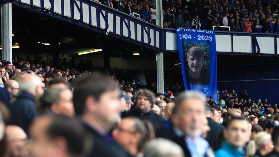 A banner for Matthew Daulby in the stands during Everton's game against Arsenal