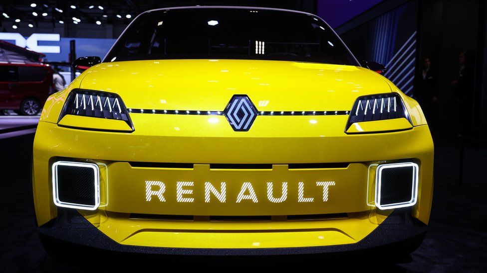 A Renault R5 hybrid is displayed at a motor show in Brussels, Belgium.