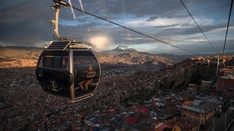 View from a cable car of La Paz with the Illimani mountain in the background in El Alto, Bolivia