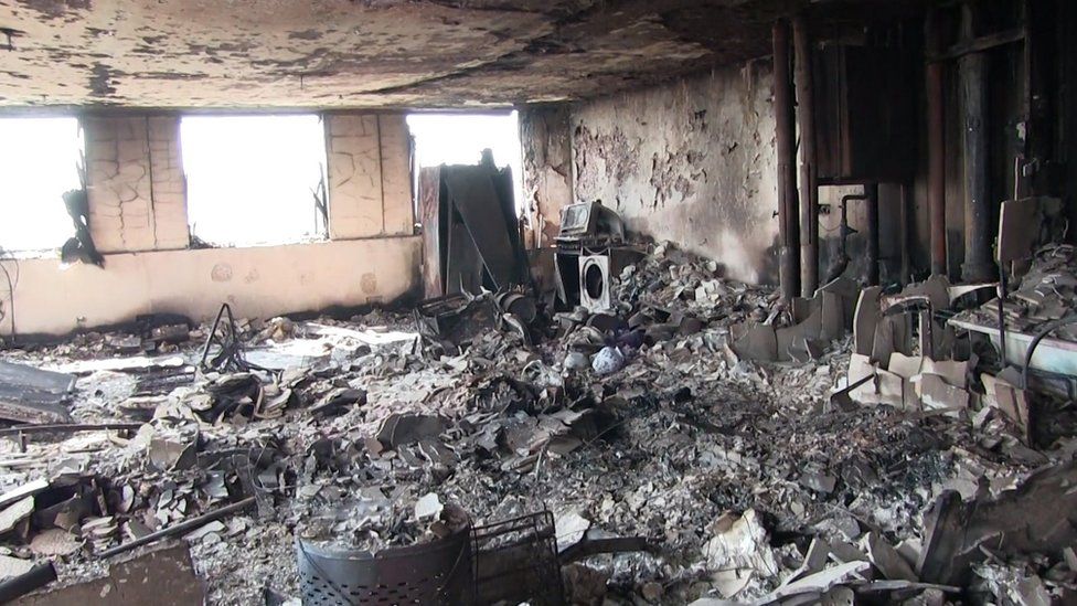 Inside of burnt out flat at Grenfell Tower