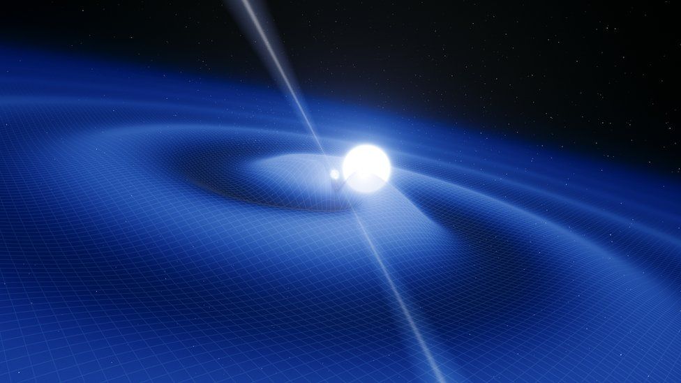 illustration of merging stars emitting gravitational waves