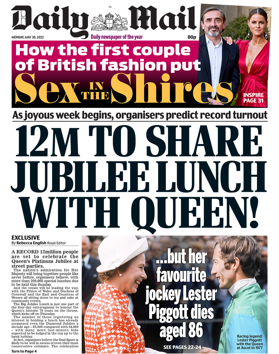 The headline in the Daily Mail reads '12m to share Jubilee lunch with Queen'