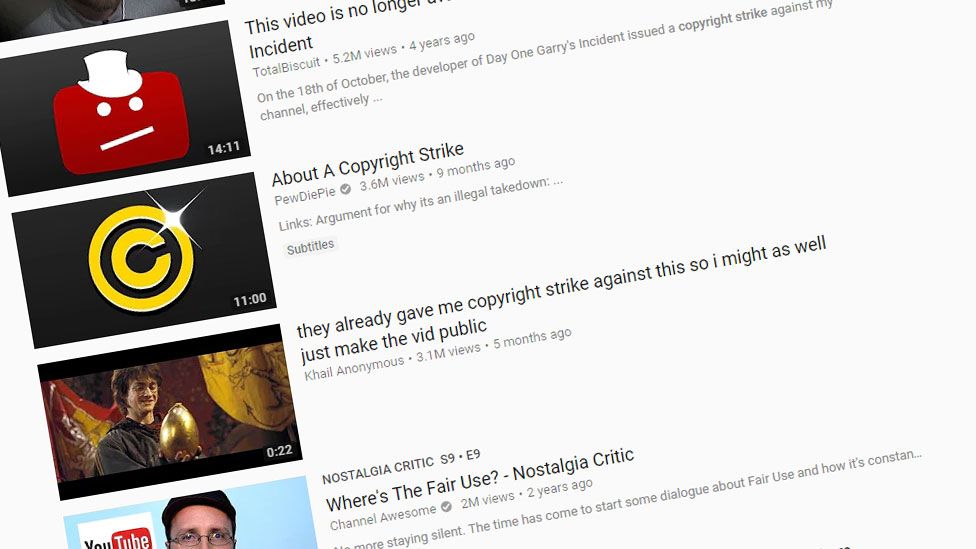 A screenshot of many of the videos about copyright complaints