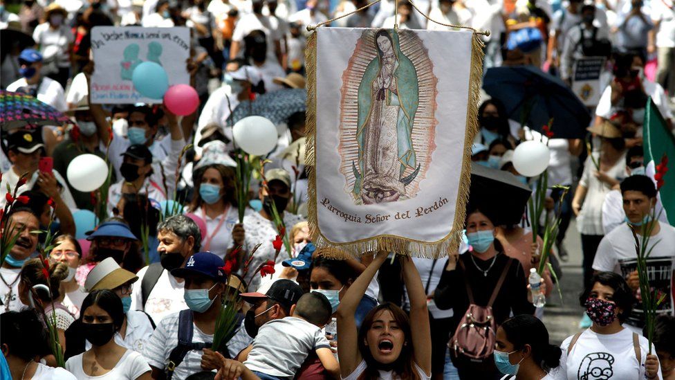 Members of civil and religious organisations march during a protest against the decriminalization of abortion, in Guadalajara, Mexico, on 3 October