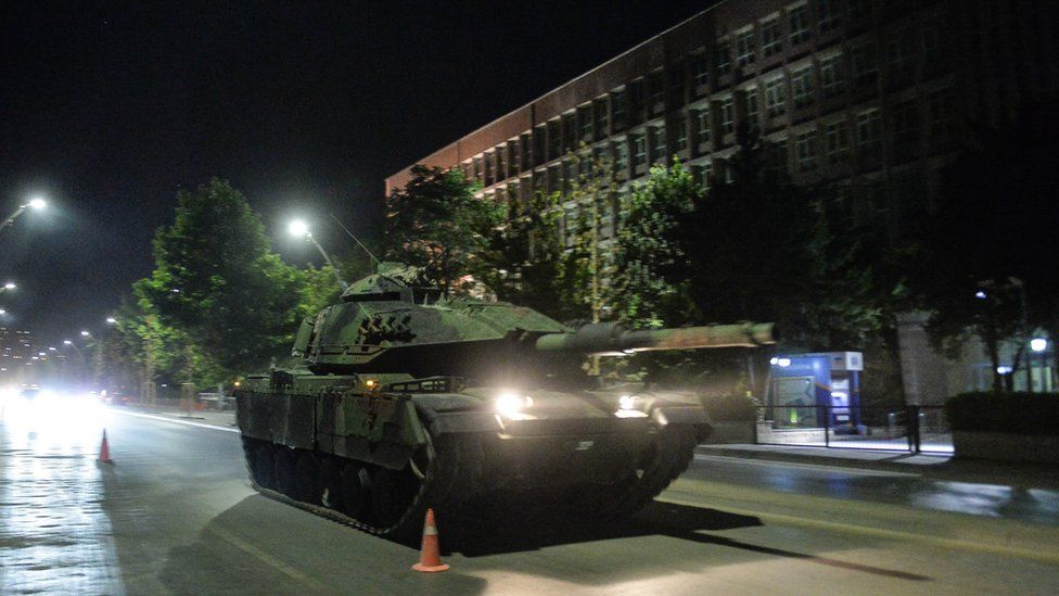 A tank rolls through the streets of Ankara, Turkey, during an army coup