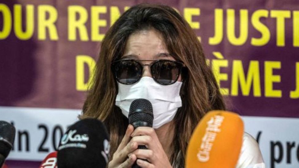A woman at a press conference in Tangier making allegations of sexual harassment against French tycoon Jacques Bouthier - Friday 17 June 2022