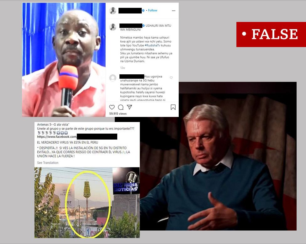 Three screenshots labelled "false". Image of a Tanzanian pastor talking about 5G and coronavirus, David Icke and a post in Spanish promoting the conspiracy theory.