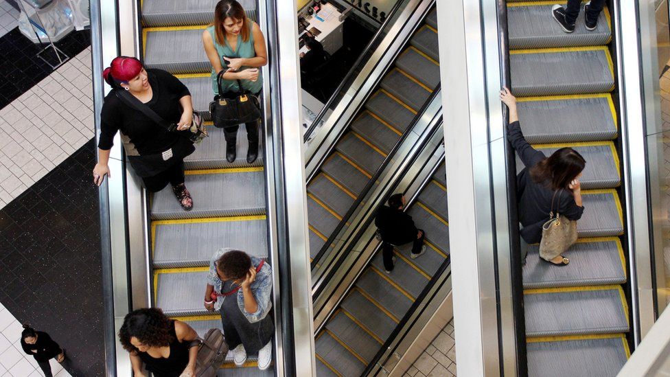 Shoppers on escalators