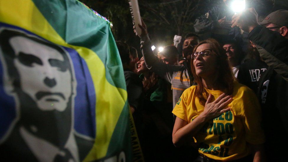 Supporters of Jair Bolsonaro, far-right lawmaker and presidential candidate of the Social Liberal Party (PSL), react after Bolsonaro wins the presidential race, in Sao Paulo, Brazil