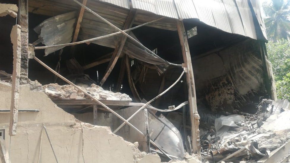 A picture showing the damage done to the factory in Sri Lanka