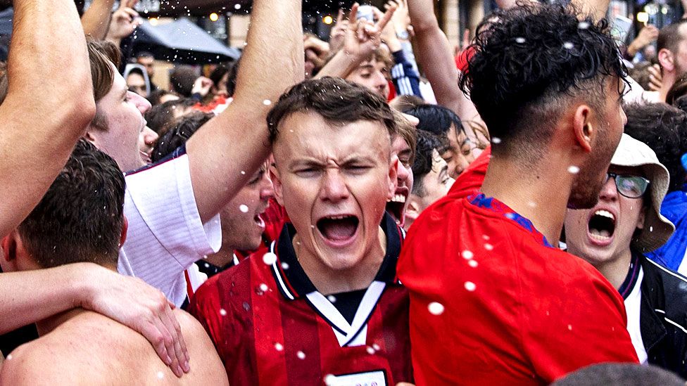 Hundreds of England football fans gather and celebrate the win of 2:0 over Germany in the round of 16 of UEFA Euro 2020