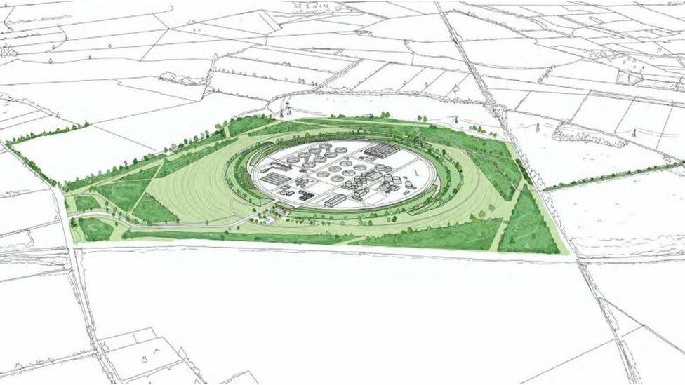 A drawing from the planning application shows the design of the new plant. It is set in the middle of a large area of fields.