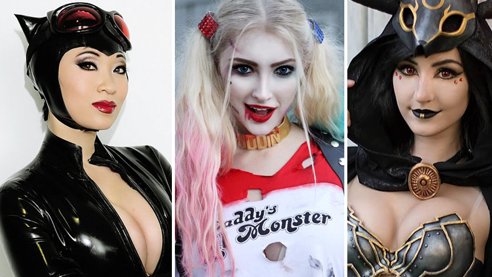 Yaya Han as Catwoman, Anna Faith as Harley Quinn, and Luxlo Cosplay as Umbreon
