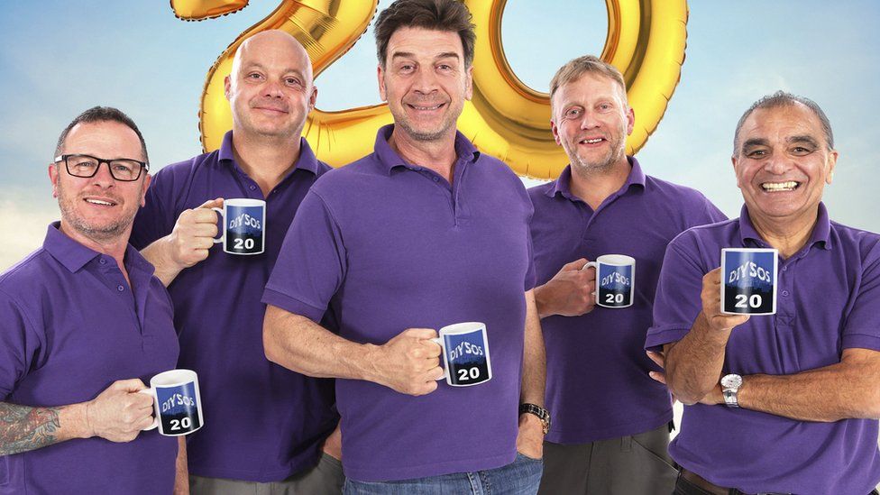 Mark Millar, Julian Perry, Nick Knowles (centre), Chris Frediani and Billy Byrne celebrated the 20 year anniversary of DIY SOS in 2019