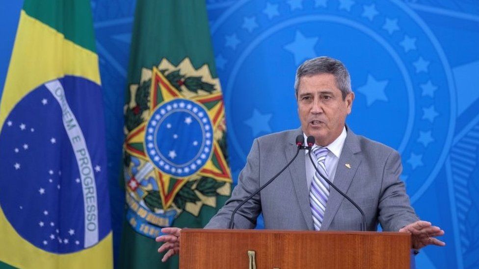 Walter Souza Braga Netto, speaks after visiting the coordination center of the Covid-19 crisis committee, in Brasilia, Brazil, 25 March 2020