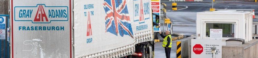 A lorry arrives at Larne port in Antrim, where a customs post has been established as part of the Northern Ireland Protocol