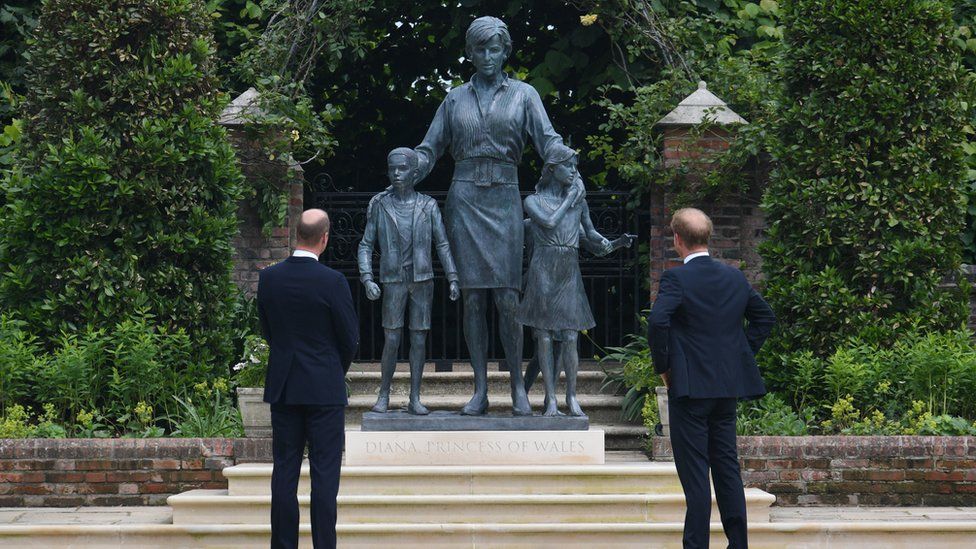 Prince Harry and Prince William next to the statue of Diana