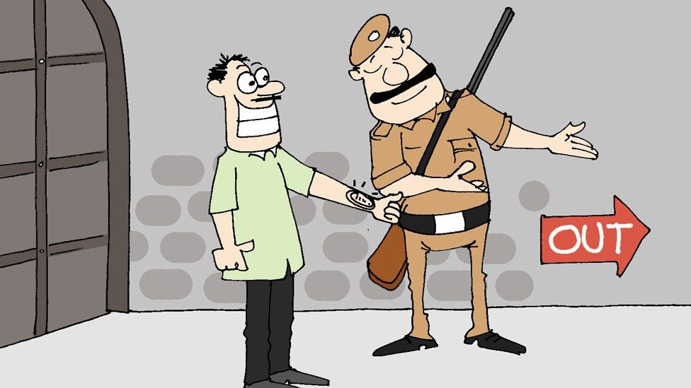 A cartoon shows a convict posing as a visitor to escape the prison