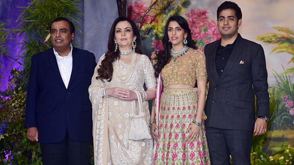 Businessman Mukesh Ambani (left) with wife Nita Ambani, daughter in law Shloka and son Akash Ambani