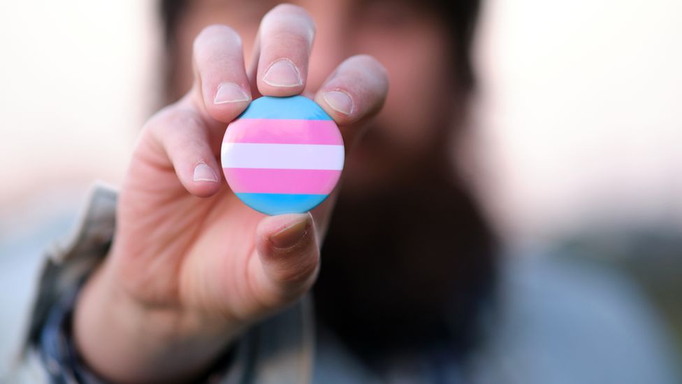 A pin showing the transgender colors flag