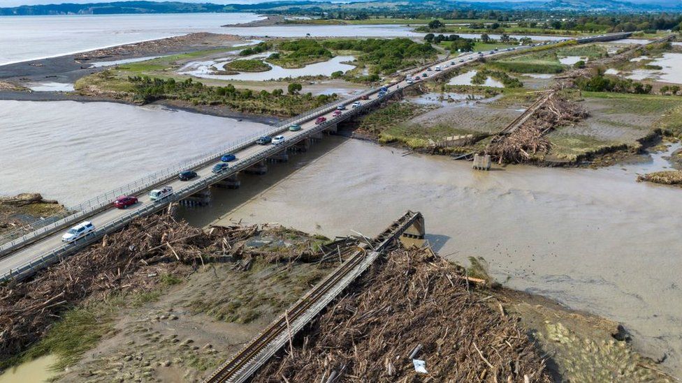 A rail bridge destroyed in Cyclone Gabrielle