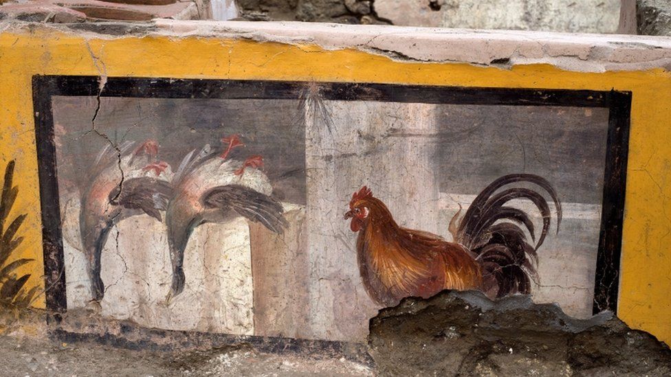 A fresco depicting two ducks and a rooster