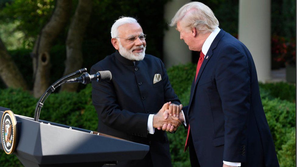 US President Donald Trump and Indian Prime Minister Narendra Modi shake hands while delivering joint statements in the Rose Garden of the White House June 26, 2017