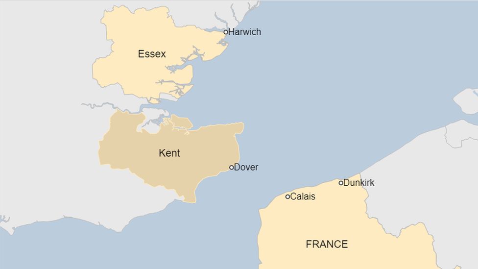 Map of northern France, Kent and Essex.