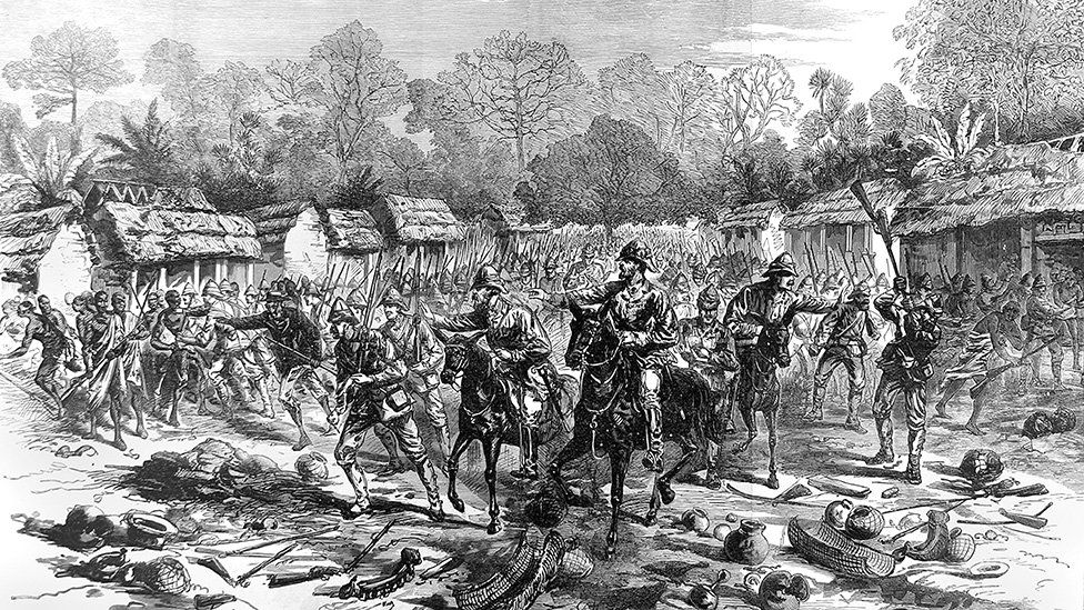 19th Century illustration showing the British attack on the Asante capital of Kumasi