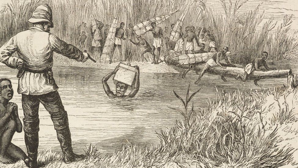 Illustration of Stanley pointing revolver at African porter in a river, 1873