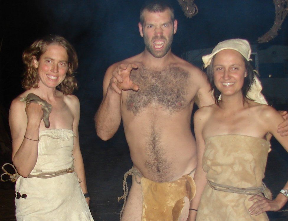 Claire Dunn (right) and friends dressed in clothing made from tanned hide