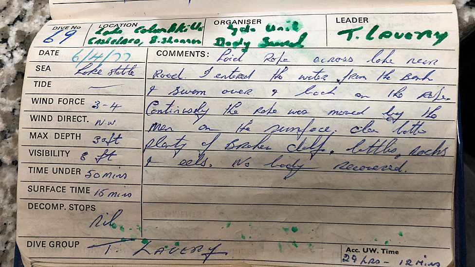 A log book entry by a police diver called in to search the lake near where Mary went missing
