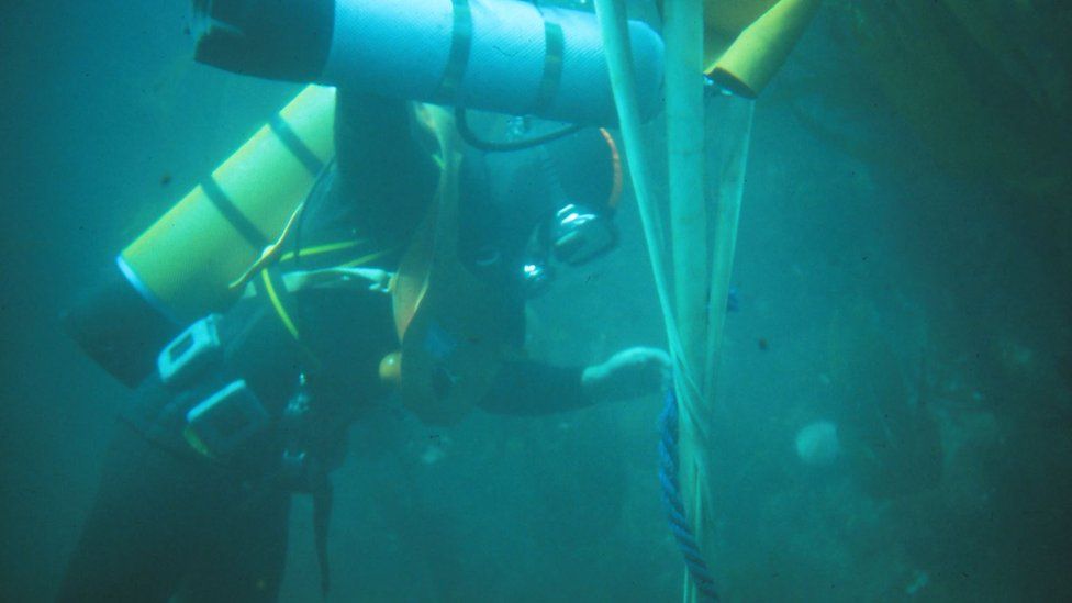 A diver recovering items from the wreck site
