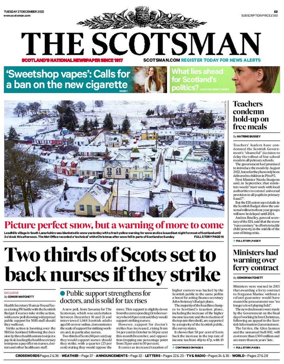 Scotland's papers: Strike support for nurses and Christmas A&E delays - BBC  News