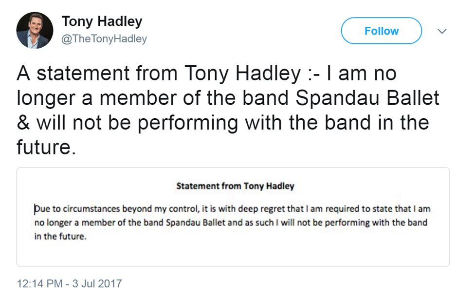 Tony Hadley's tweet