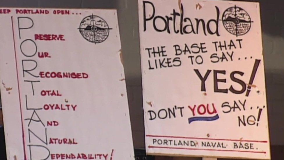 Placards from the 1990 protests against the closure of Portland Naval Base