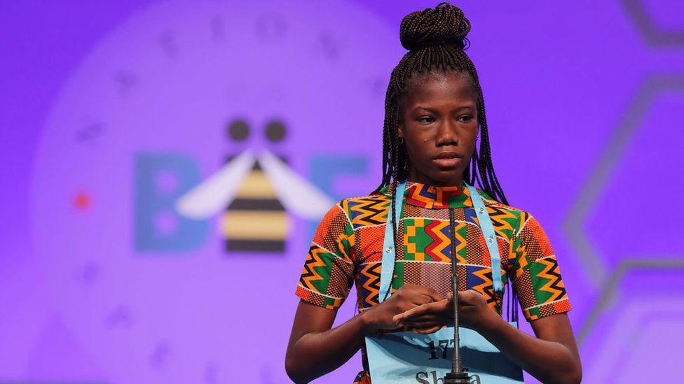 Shifa Amankwah-Gabbey, 12, of Accra, Ghana, participates in the 91st Scripps National Spelling Bee at the Gaylord National Resort and Convention Center May 30, 2018 in National Harbor, Maryland.